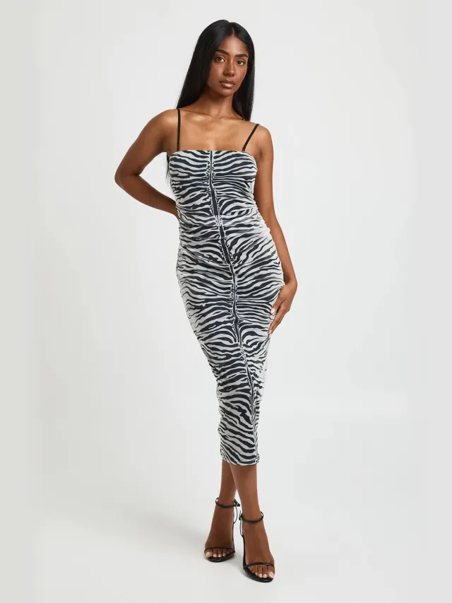 boohoo Dames Zebra Print Mesh Midaxi Jurk Zwart