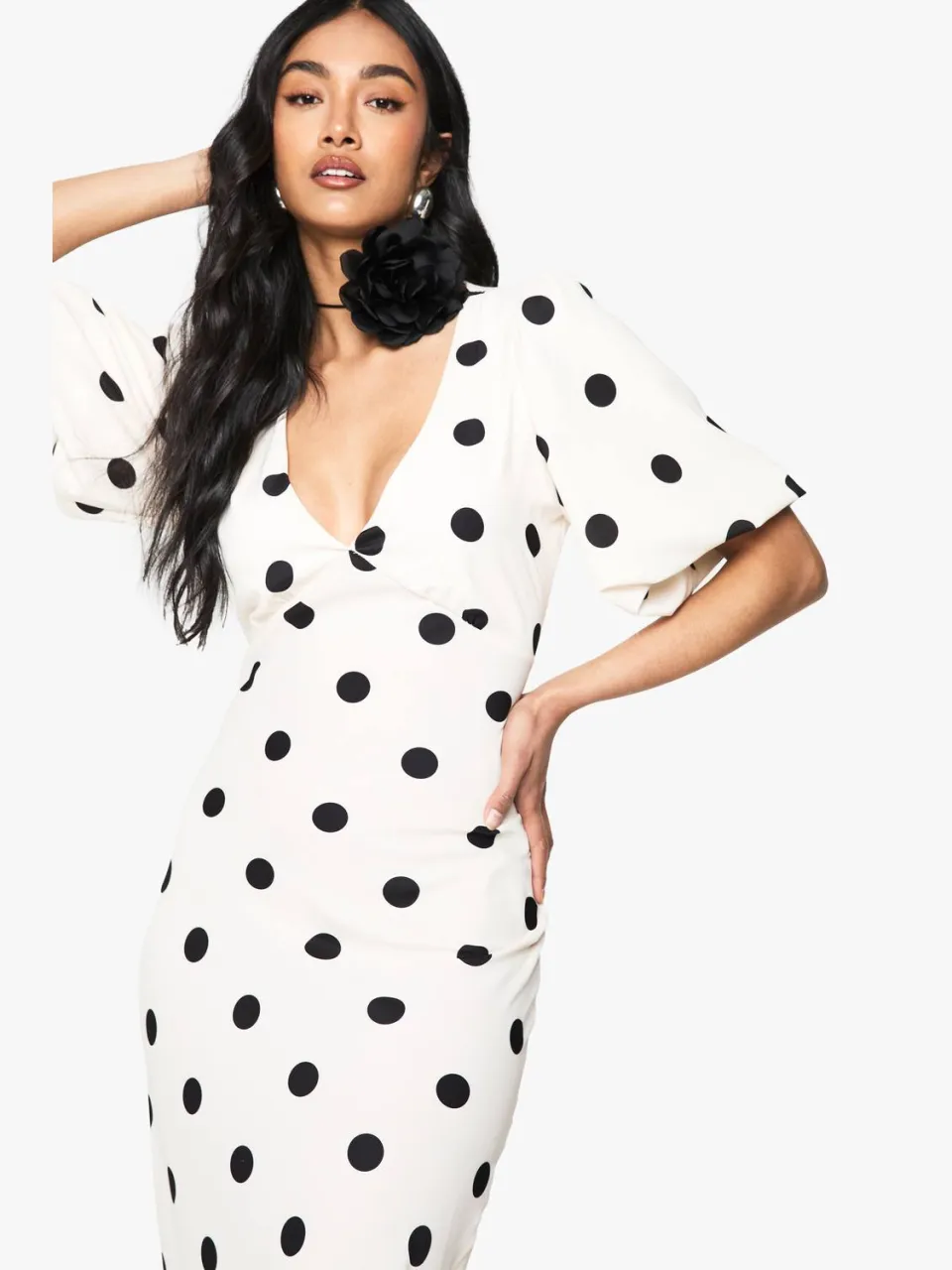 boohoo Dames Polka Dot Puff Sleeve Maxi Dress ivoor, foto 3