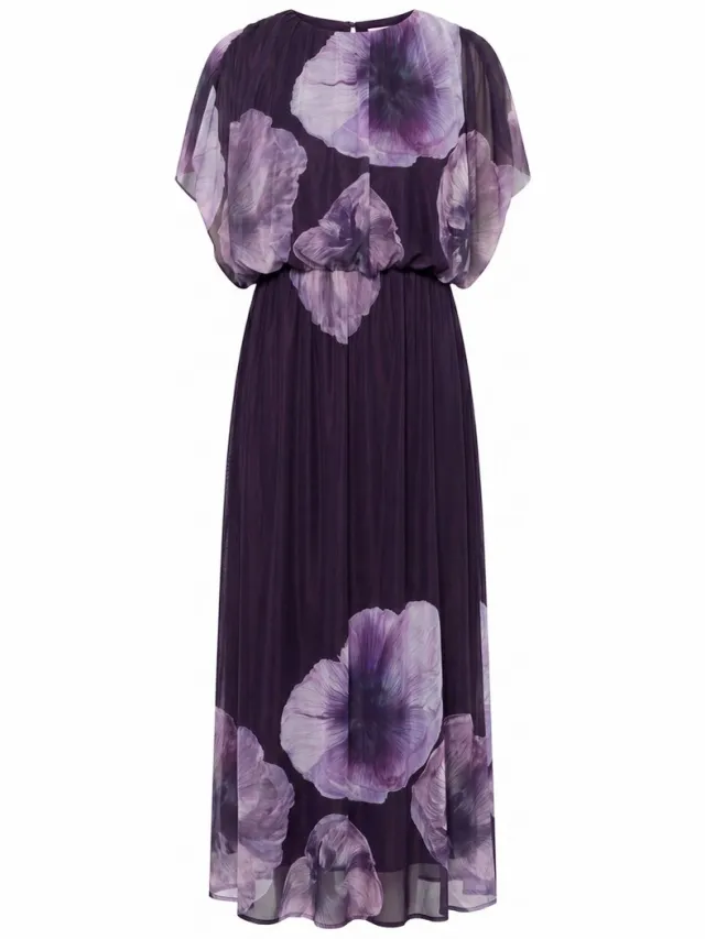 Ulla Popken Dames - Maxi-jurk bloemen ronde hals ballon-bovenstuk mouwloos - Donker druif - Maat 54+