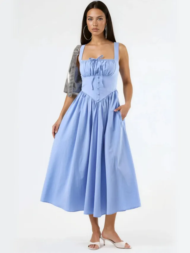 Busem Midi-jurk met vierkante kraag en knoopdetails Lichtblauw