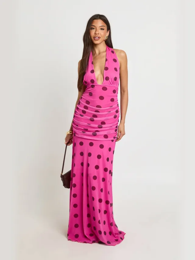boohoo Dames Maxi-jurk Met Tonale Polkadots En Geplooid Middel Roze
