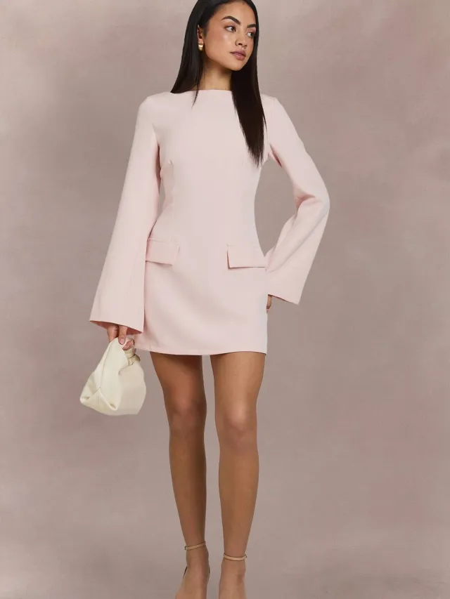 boohoo Dames Mini Jurk Met Lange Mouwen, Slash Hals En Gestructureerde Pasvorm Pastelroze