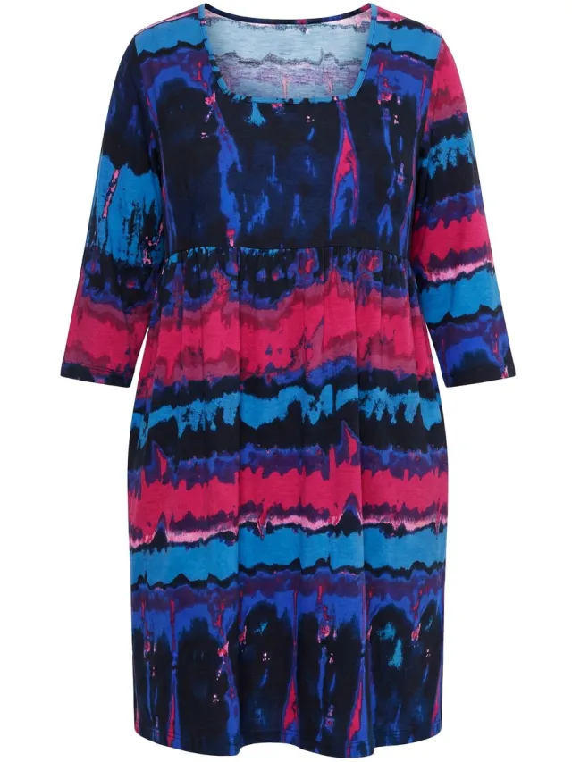Ulla Popken Dames - Jersey jurk batikpatroon A-lijn carréhals 3/4-mouwen - Inktblauw - Maat 62+