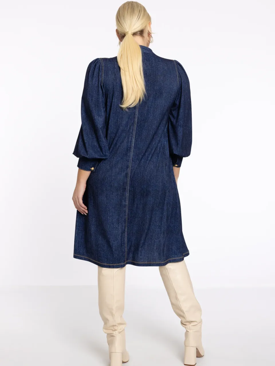 Yoek jurk met strik denim donkerblauw, foto 3