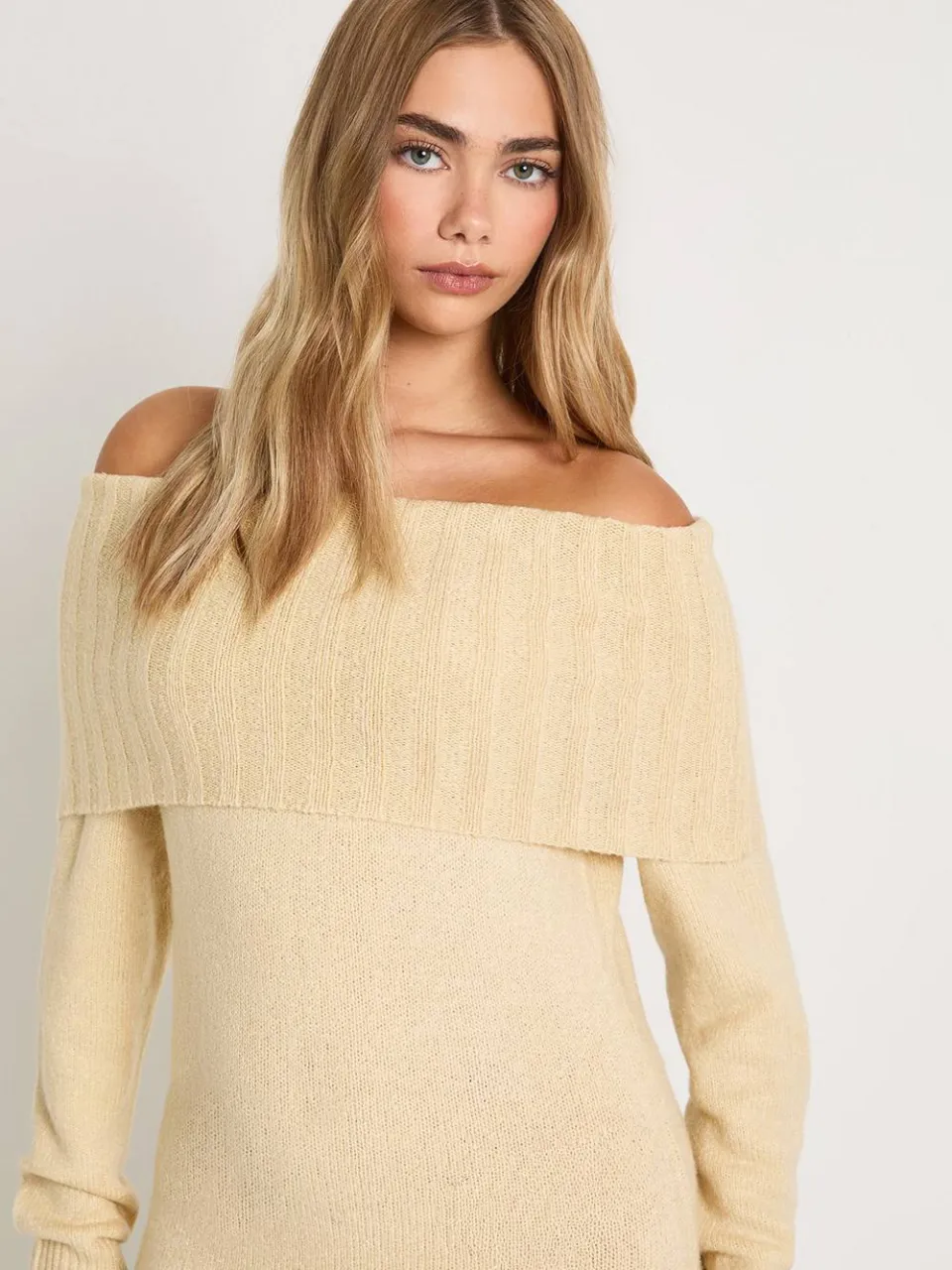 boohoo Dames Premium Oversized Bardot Halslijn Maxi Jumper Jurk steen, foto 4