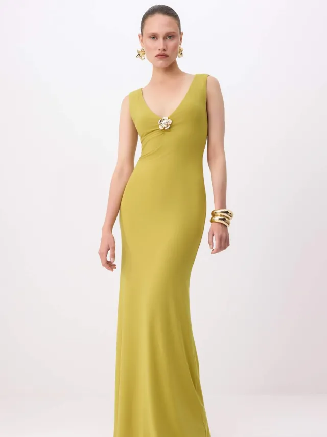 Trendyol TRENDYOLMİLLA Dames Groen Effen Maxi Mouwloos Diploma-uitreiking / Gala A-lijn Avond & Gala Jurk