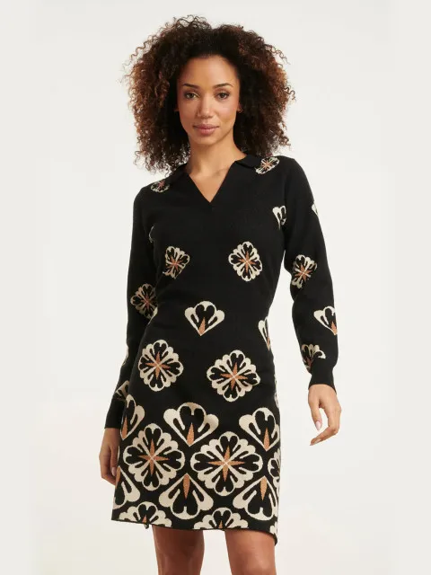 Smashed Lemon 24779 e gebreide jurk met grafische bloemenprint Zwart