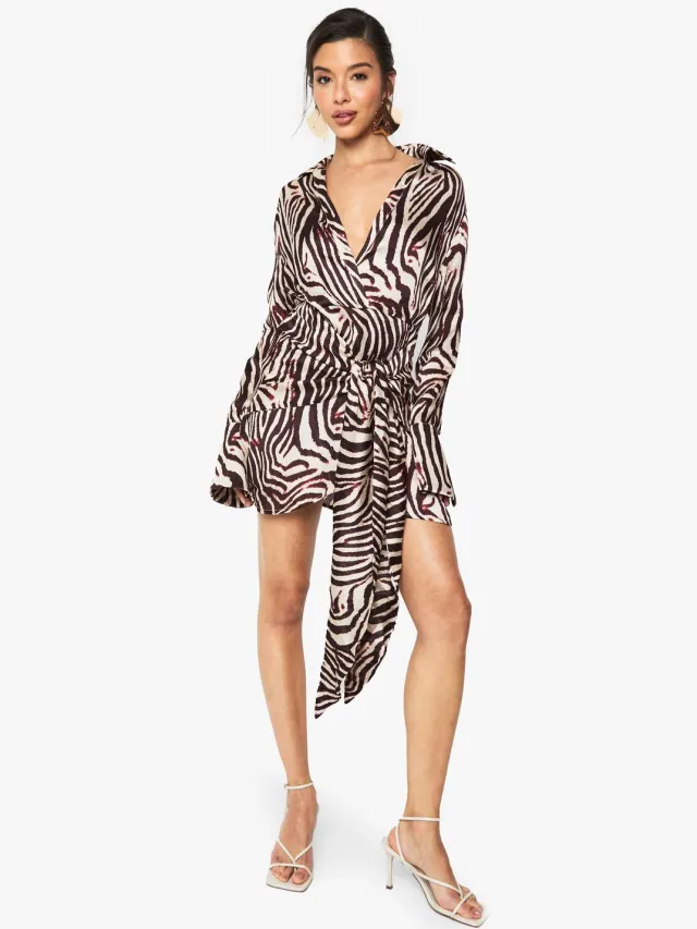 boohoo Dames Zebra Satijn Wrap Rok Blouse Jurk Bruin