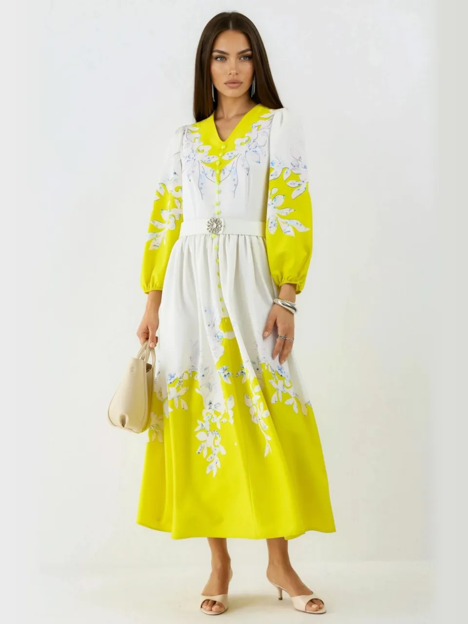 MSN Collection Bloemen Maxi Jurk met V-hals en Knoopdetails veelkleurig, foto 2