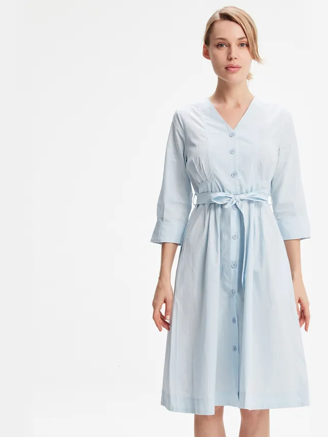 S&J Weekends Minimalistische katoenen shirtjurk met geknoopte riem Hemelsblauw