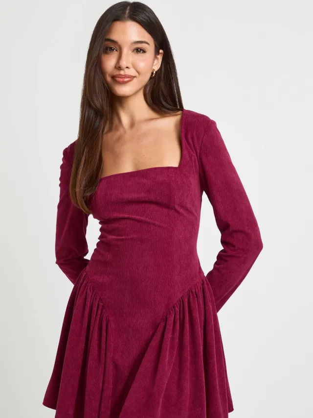 boohoo Dames Ribfluwelen Melkmeid Skater Jurk Bessen