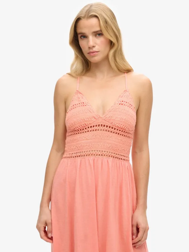 Superdry Jersey maxi-jurk met kant - Dames - Jurken fusion coral