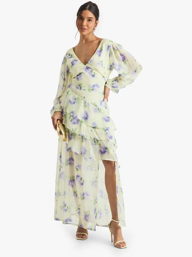 boohoo Dames Bloemige Dobby Maxi Jurk met Frans Detail Citroen