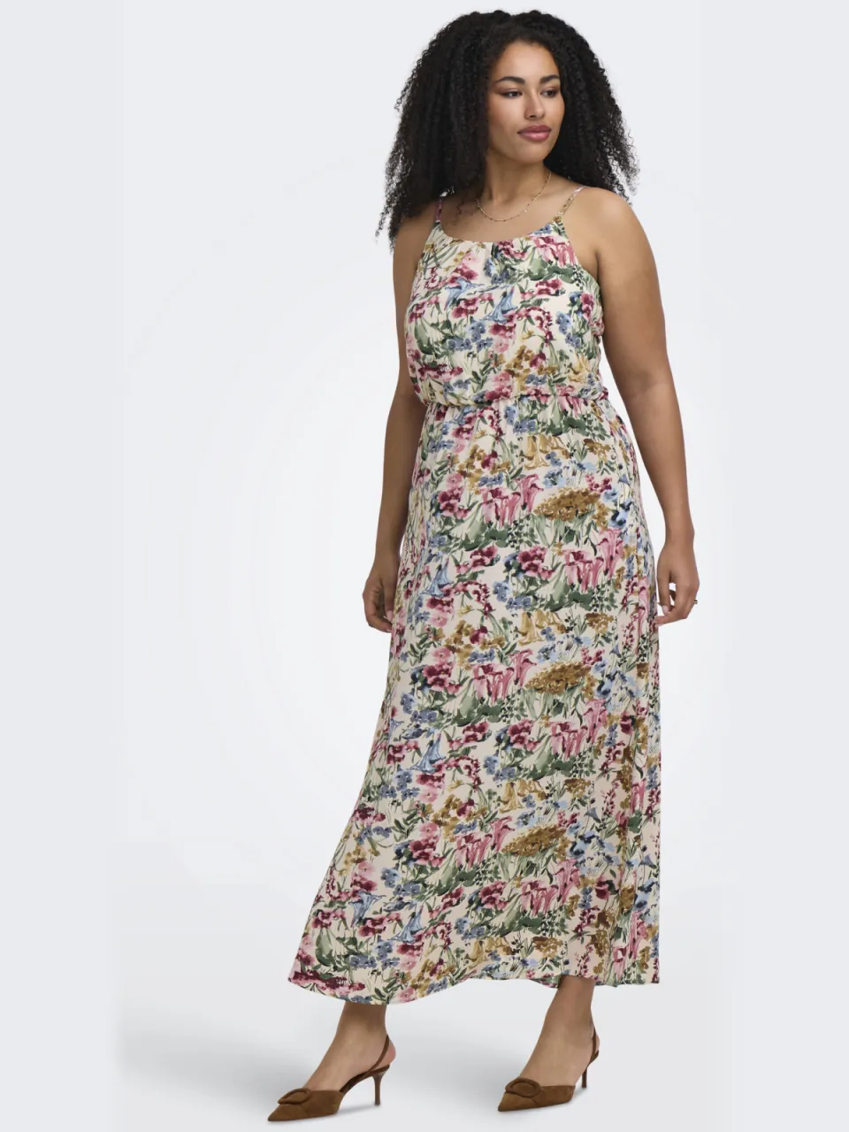 Only Carmakoma gebloemde halterjurk ecru Ecru/blauw/roze