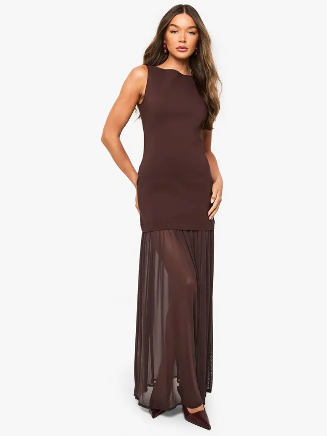 boohoo Dames Sheer Hem Mouwloze Maxi Jurk Chocoladebruin