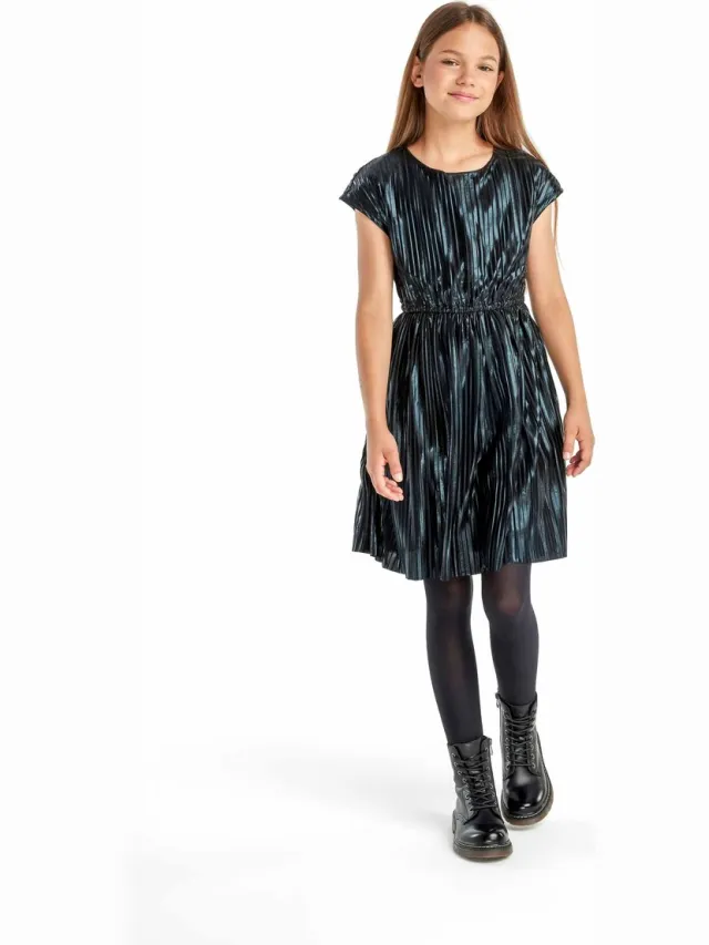 Minoti feestjurk meisjes metallic geplisseerd zwart - knielengte
