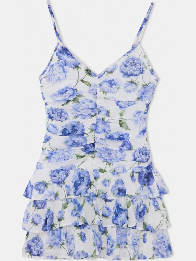 Trendyol TRENDYOLMİLLA Dames Blauw Bloemen Kort / Mini Mouwloos Casual Skater Jurken