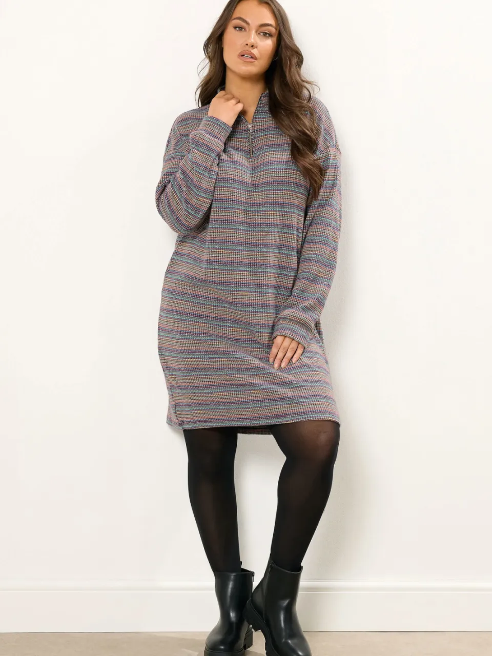 Yours Blauwe Geribbelde Kwart Rits Jumper Jurk-52, foto 2