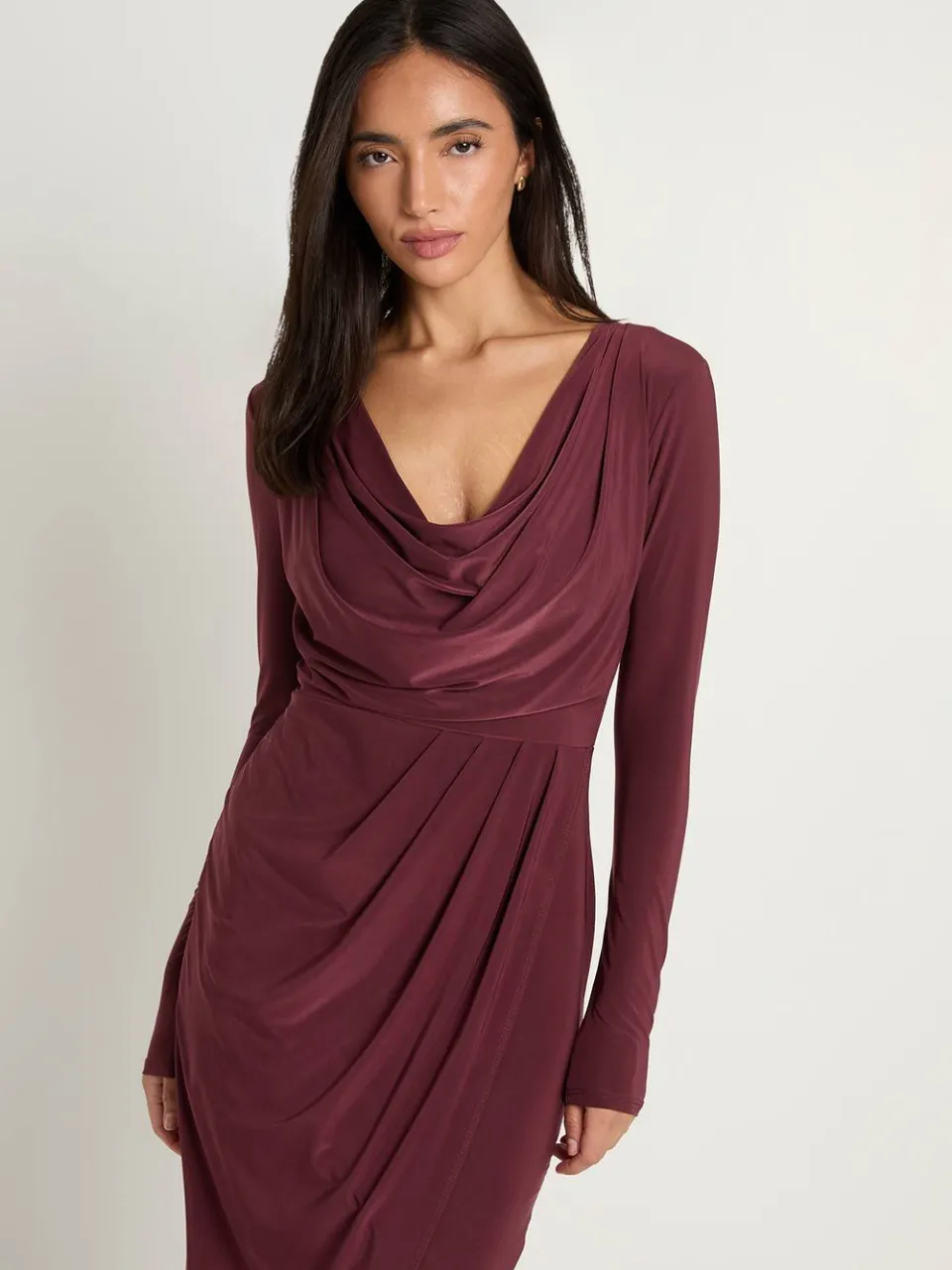 boohoo Dames Slinky Geplooide Wikkel Maxi Jurk Met Lange Mouwen pruim, foto 3