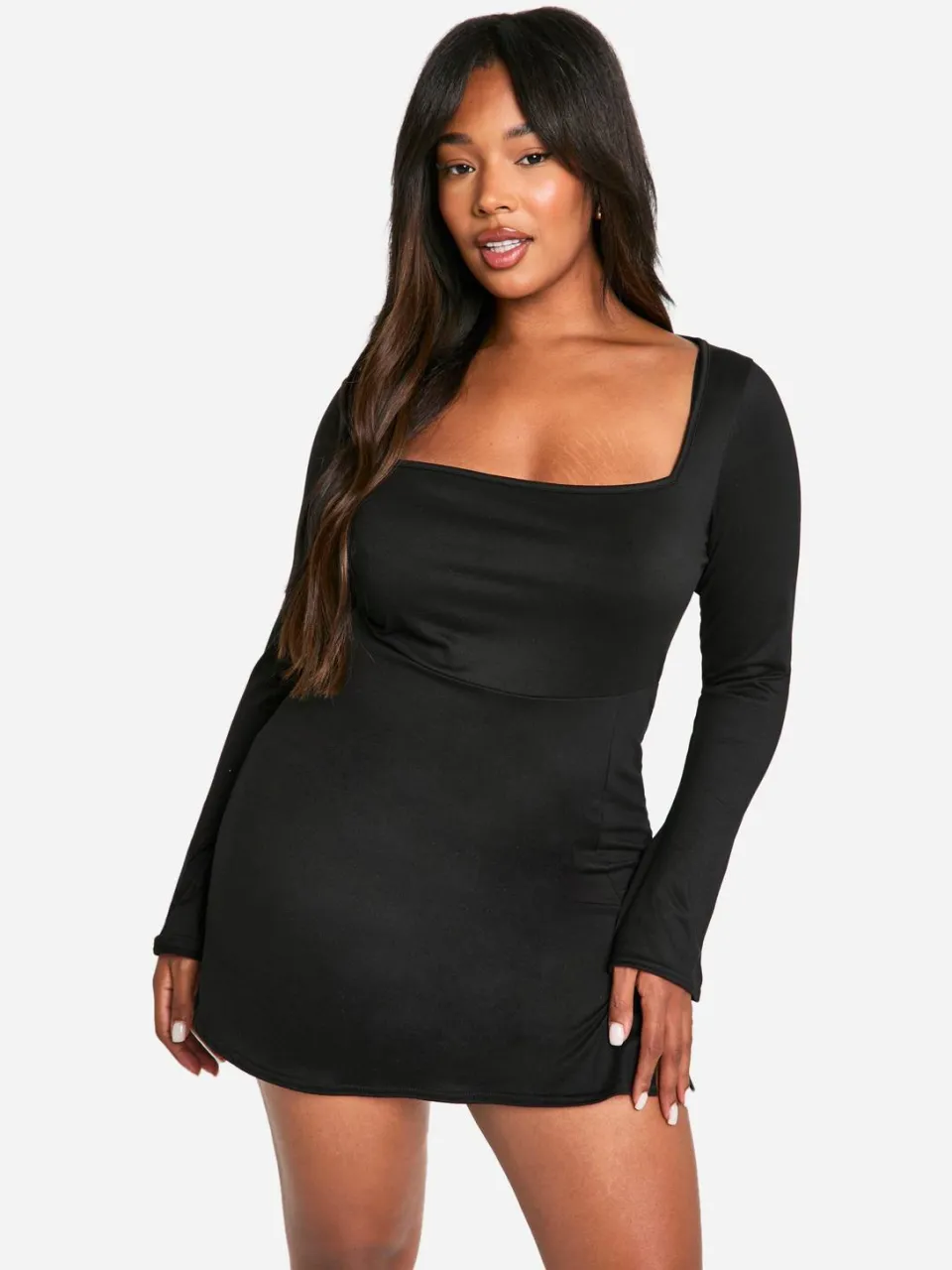 boohoo Dames Plus Square Tie Cuff Mini Shift Jurk zwart, foto 2