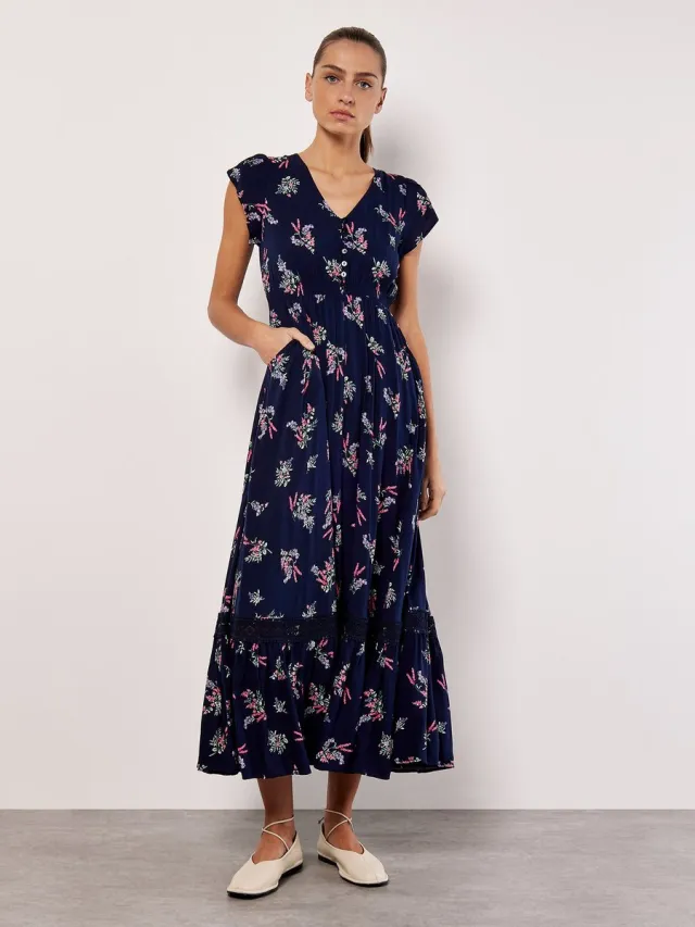 Apricot Maxi-jurk met botanische motieven Marine