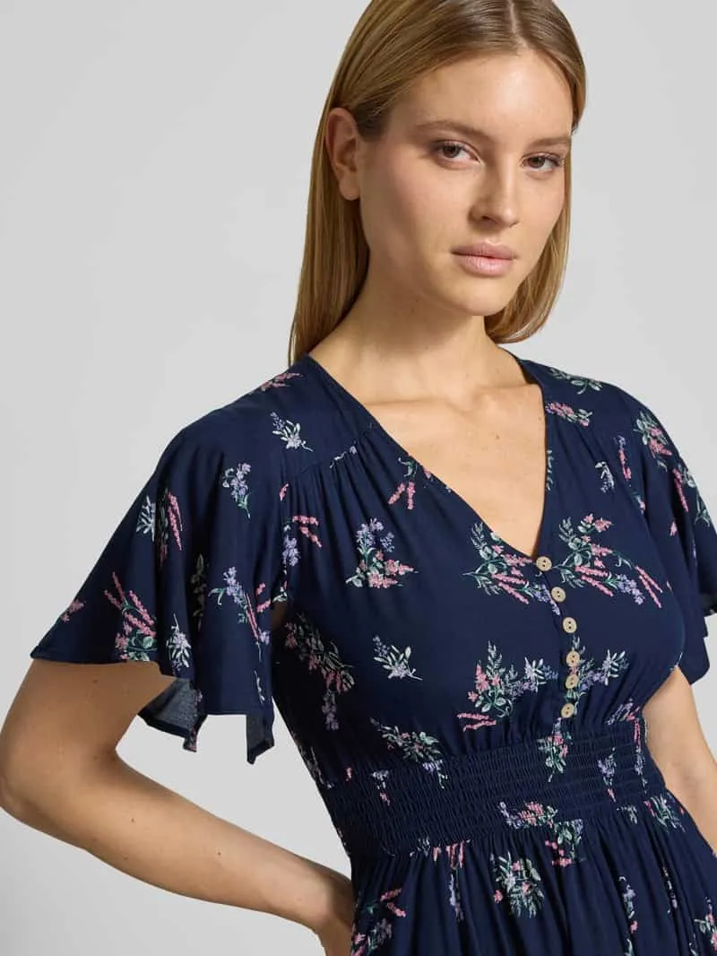 Apricot Knie-lange jurk van viscose met V-hals marineblauw, foto 4