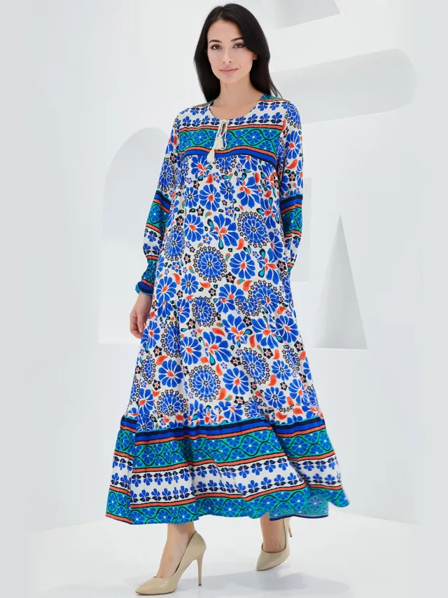 Big Dart Patroon Maxi-jurk met Strikdetail Blauw