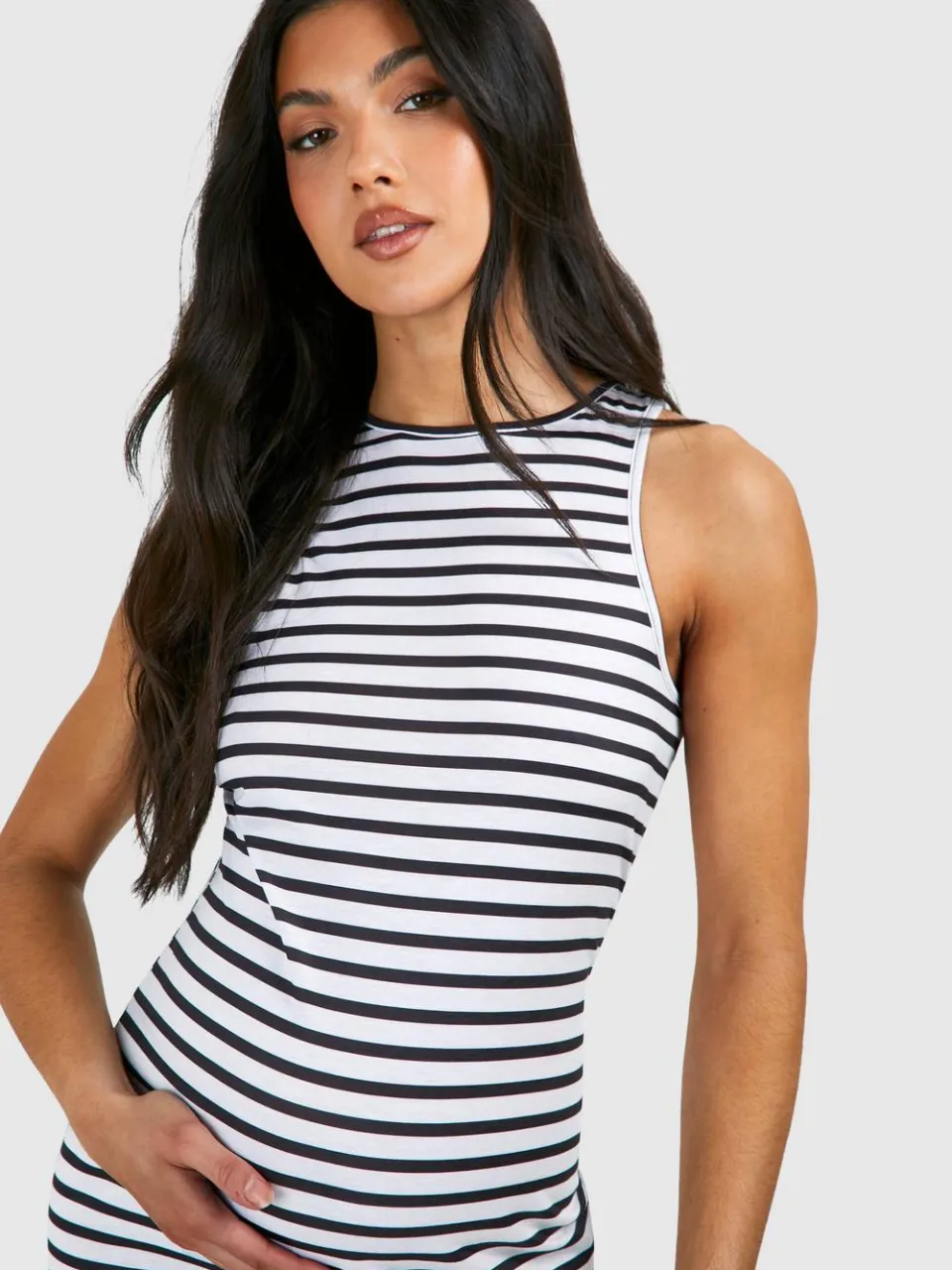 boohoo Dames Zwangerschapsjurk met gestreepte racer-nek midi jurk zwart, foto 3