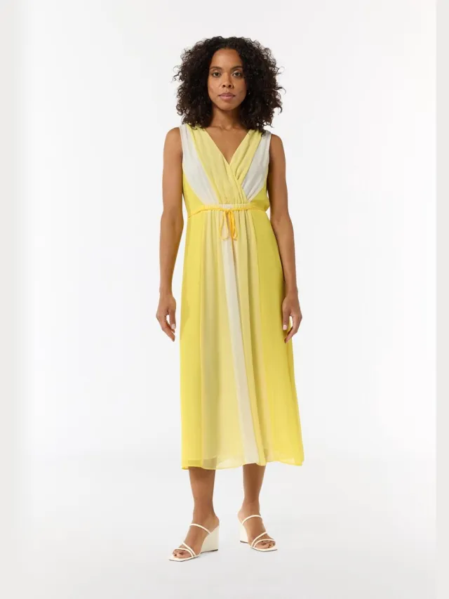 Comma female - Chiffon jurk met elastiek in de taille en bandjes geel