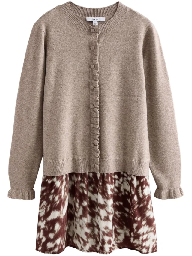 Next Dames - Gebreide 2-in-1 mini-jurk en vest met lange mouwen en ruches - Bruin Neutral Animal
