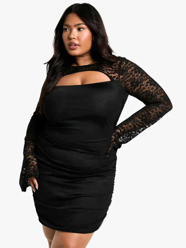 boohoo Dames Plus-maat Mesh Kant Geruched Bodycon Jurk Zwart