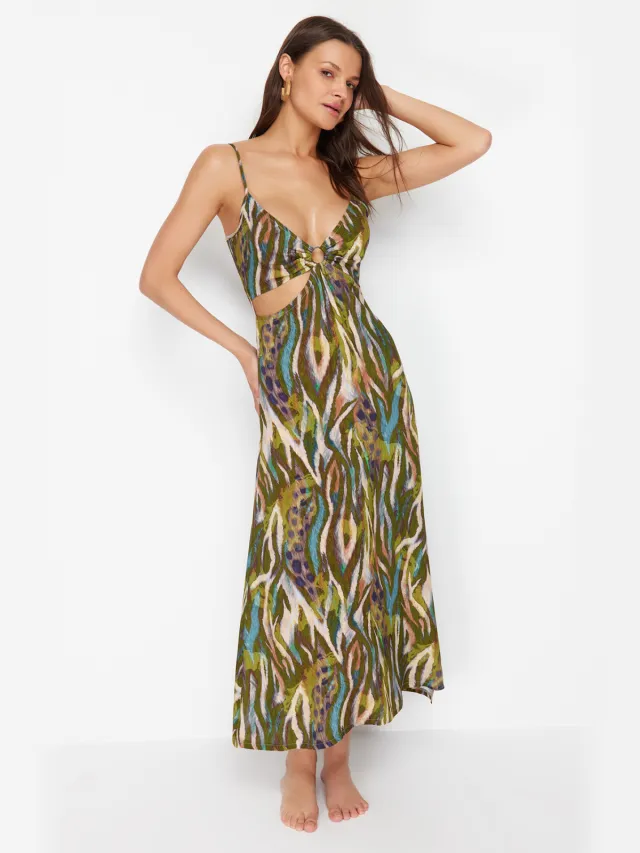 Trendyol TRENDYOLMİLLA Dames Meerkleurig Abstract Maxi Mouwloos Strandkleding A-lijn Strandjurken Veelkleurig