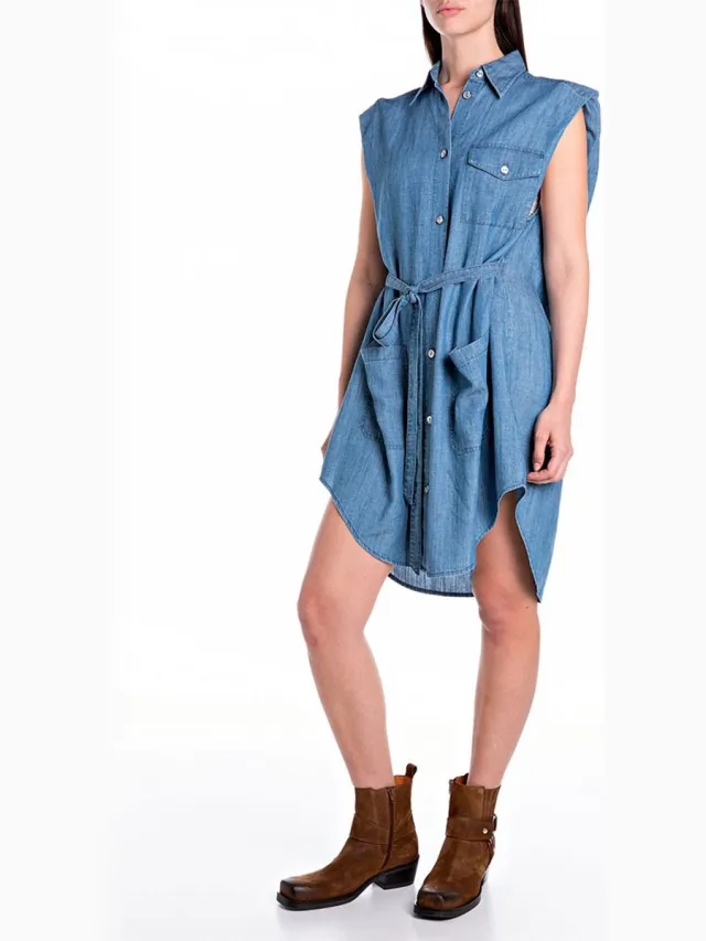 Replay W9161a.000.42889c Mouwloze Korte Jurk Blauw M Vrouw Light Blue