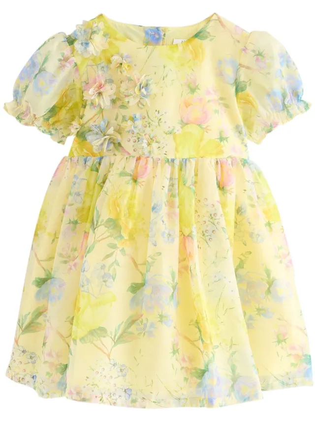 Next Meisjes - Jurk met bloemencorsage - Geel Yellow Floral Print