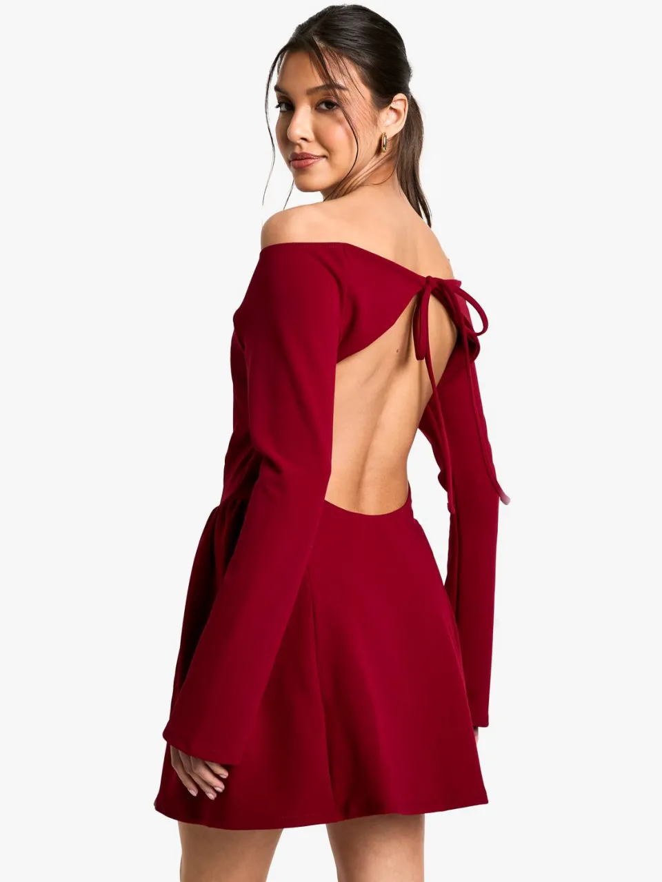 boohoo Dames High Bardot Tie Back Skater Jurk bordeaux rood, foto 2