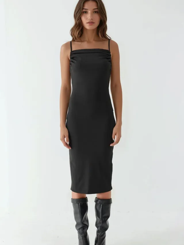 Hiccup Cowl Neck Bodycon Midi Jurk zwart, foto 2