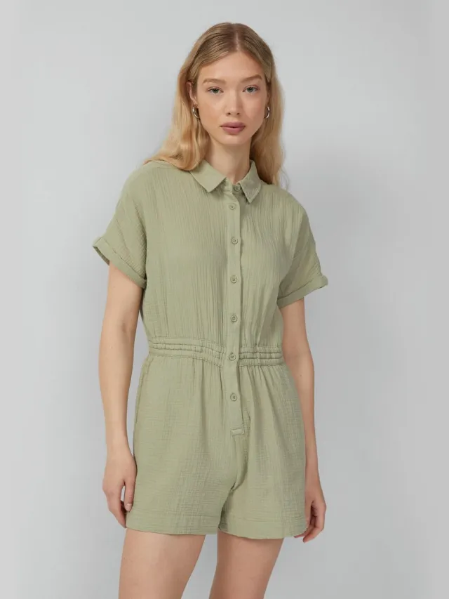 QS female - Jumpsuit van mousseline met elastische tailleband saliegroen