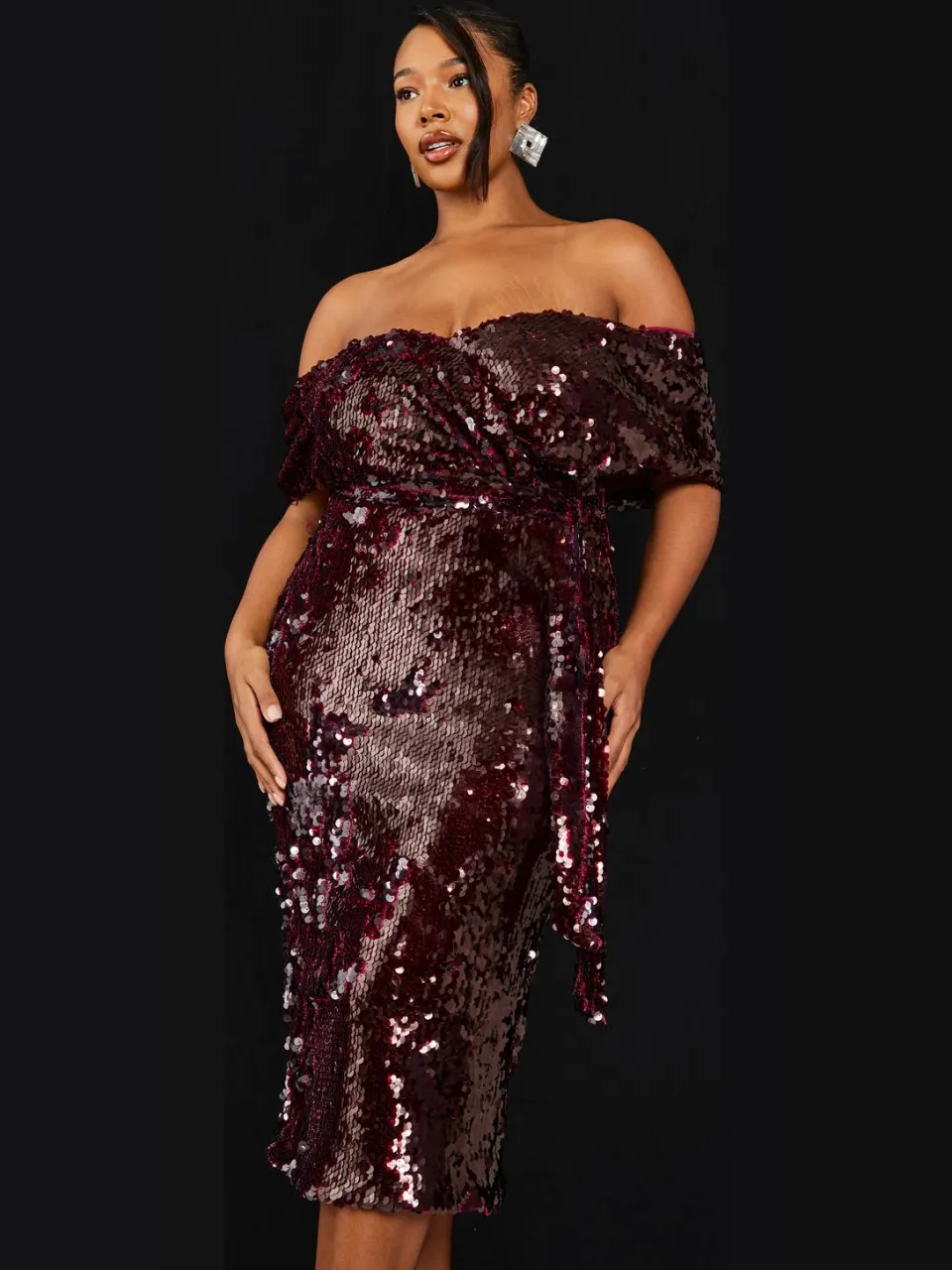 boohoo Dames Plus Premium Pailletten Off The Shoulder Midi Jurk malbec, foto 4
