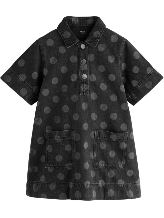 Next Meisjes - Shiftjurk van denim met stippen - Zwart Black