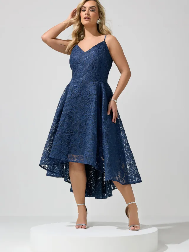 Yours London Kanten Midijurk Met Lange Achterkant In Donkerblauw Blue