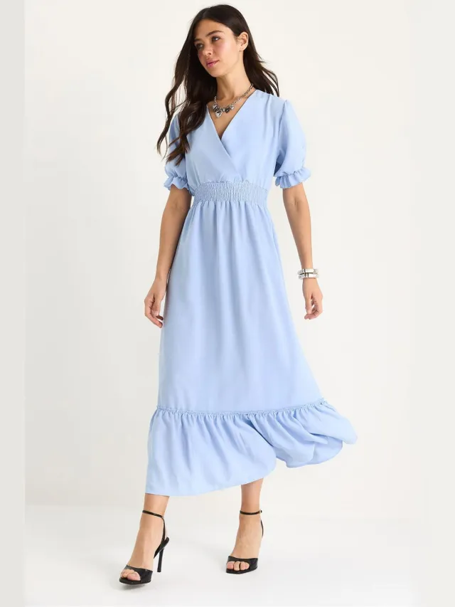 Bianco Lucci V-hals Midi Jurk met Strik Lichtblauw