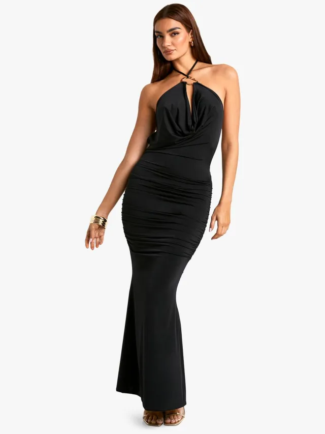 boohoo Dames Trim Detail Cowl Gerafelde Slinky Maxi Jurk Zwart