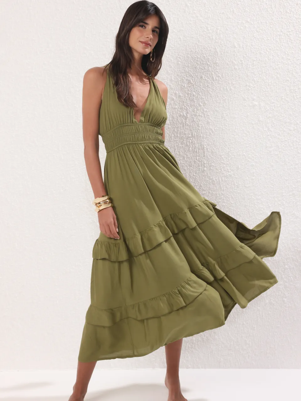 Trendyol TRENDYOLMİLLA Dames Kaki Effen Maxi Mouwloos Strandkleding Skater Strandjurken