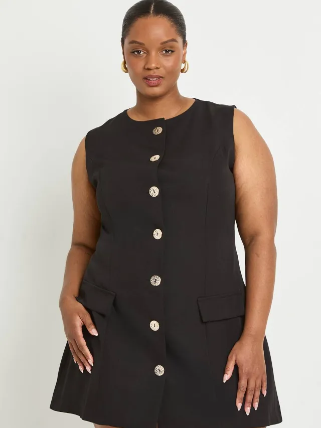 boohoo Dames Plus Gouden Knopenrij Blazer Jurk Zwart