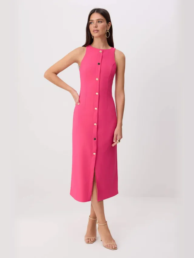 Trendyol TRENDYOLMİLLA Dames Roze Effen Midi Mouwloos Avond / Dagelijks Recht Jurken Fuchsia