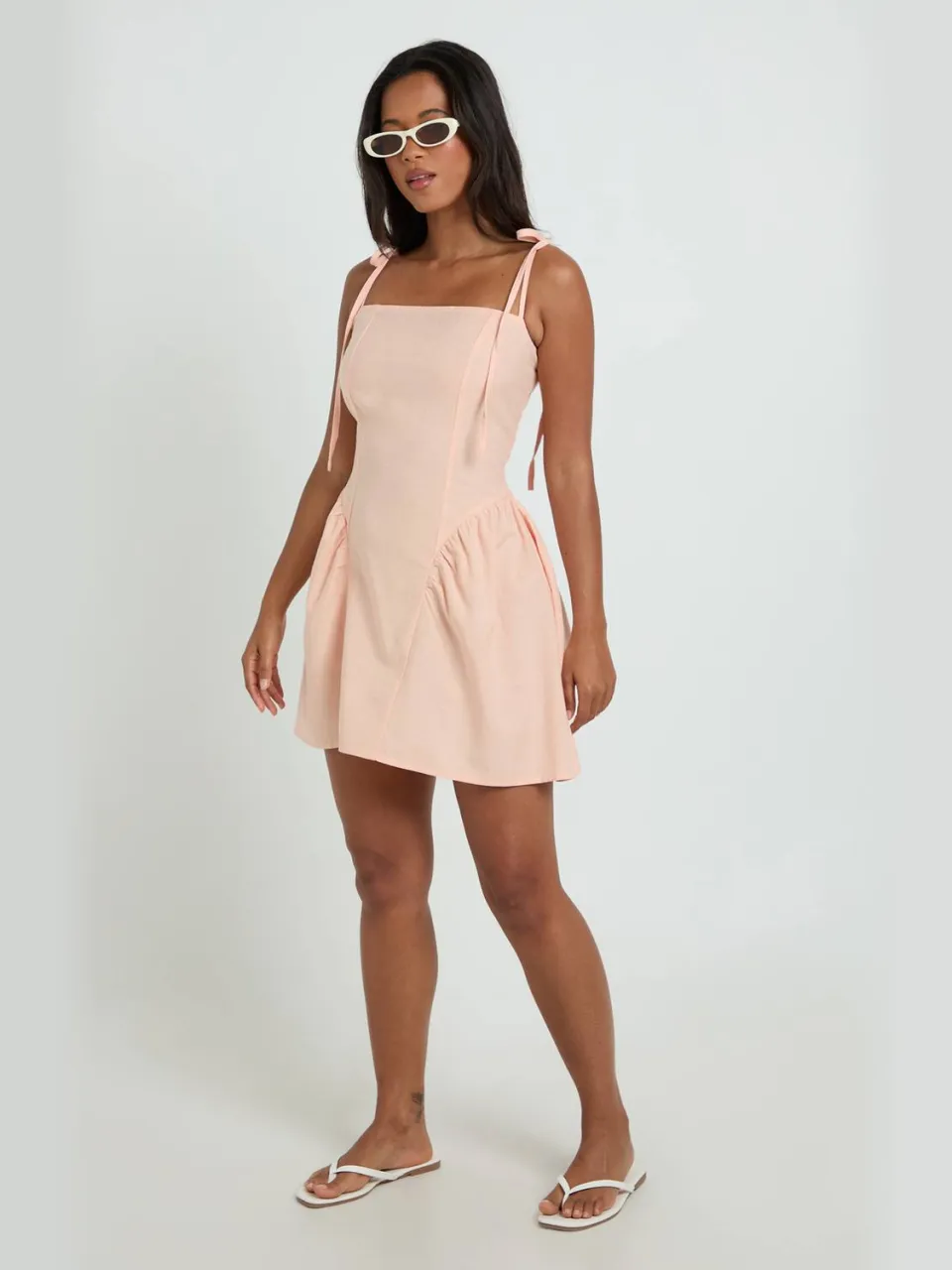 boohoo Dames Linnen Skater Jurk Met Strikbandjes abrikoos, foto 3