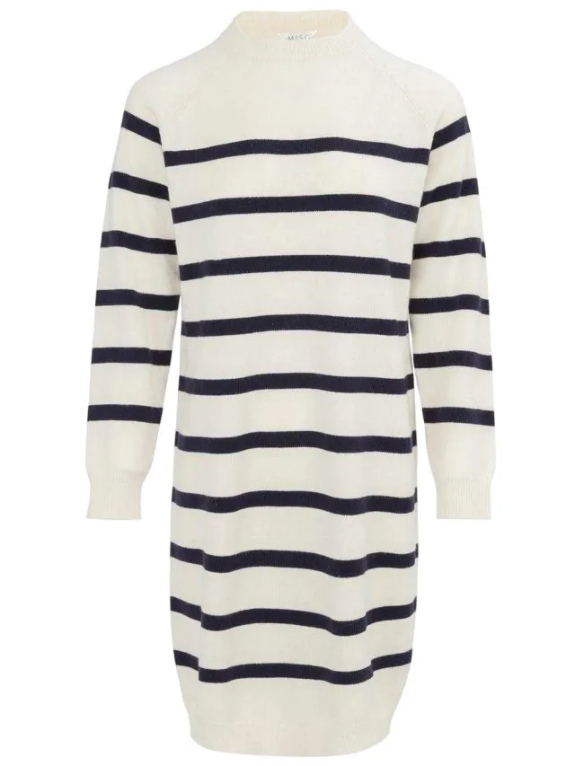 Miso Gestreepte gebreide trui-jurk met hoge kraag voor dames (Zwart, Wit)