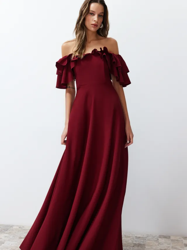 Trendyol TRENDYOLMİLLA Dames Bordeaux Effen Maxi Mouwloos Diploma-uitreiking / Gala A-lijn Avond & Gala Jurk Bordeauxrood