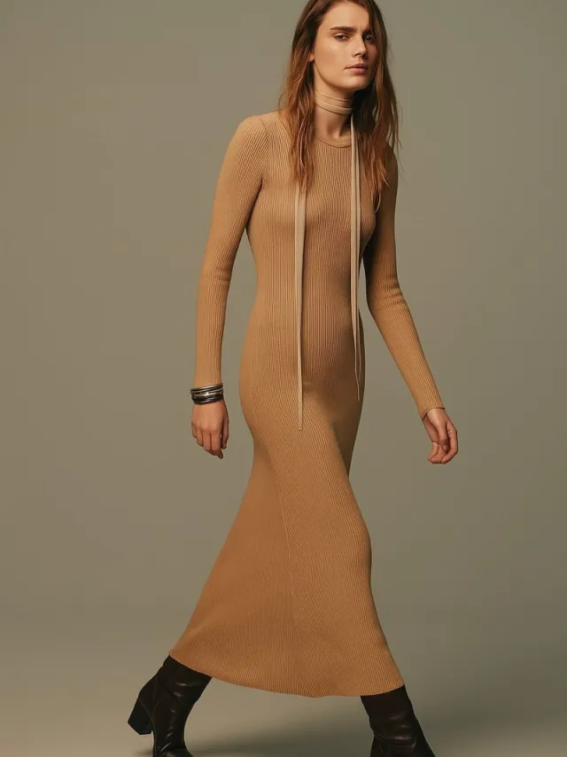 TOUCHÉ PRIVÉ Geribde gebreide jurk met ronde hals - Beige - Dames