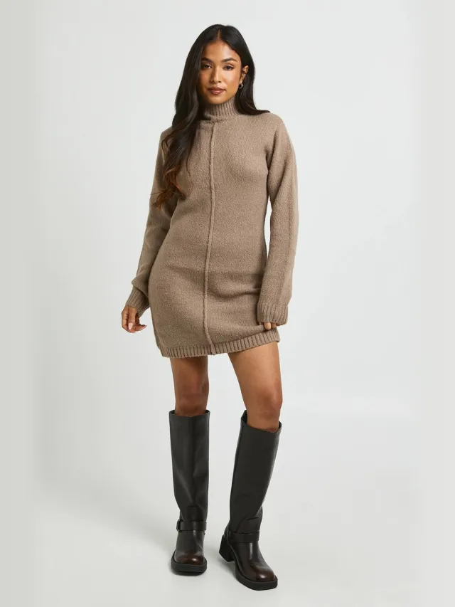 boohoo Dames Petite Gebreide Mini Trui-jurk Met Hoge Hals En Naaddetail Taupe